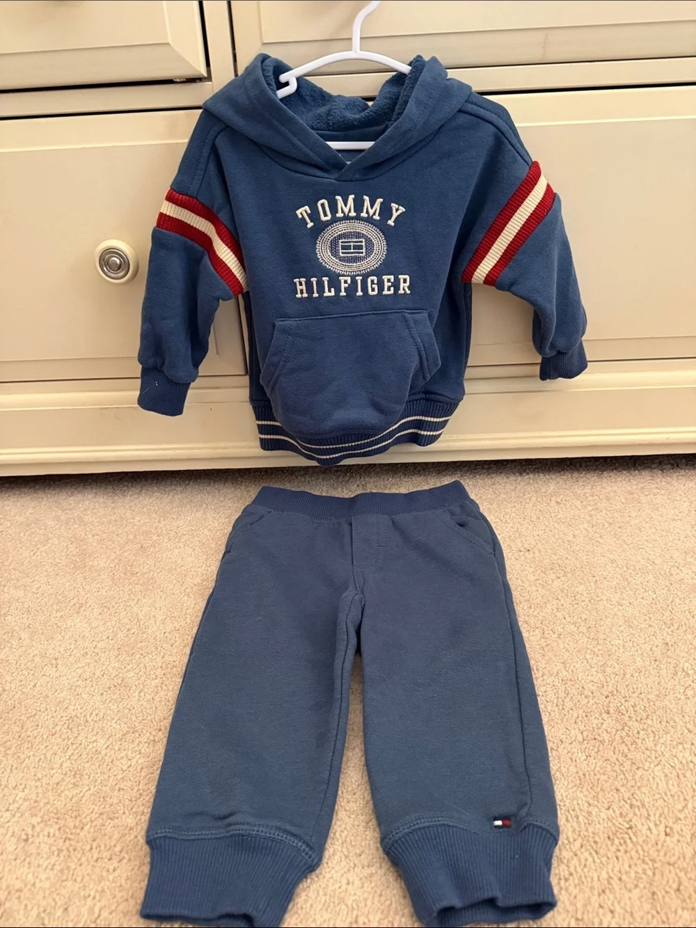 Tommy Hilfiger Blue Hoodie & Joggers Set with Red and Cream Stripes